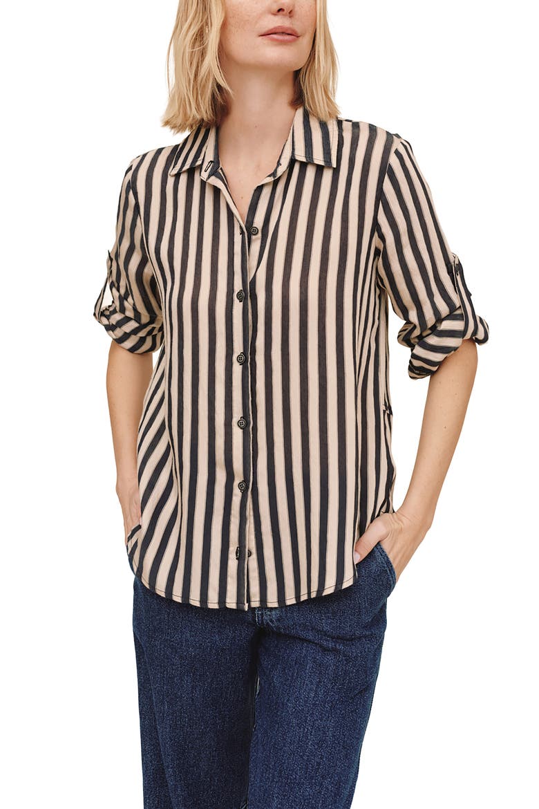 Split Back Striped Button Shirt, Main, color, BLACK/ ECRU STRIPE
