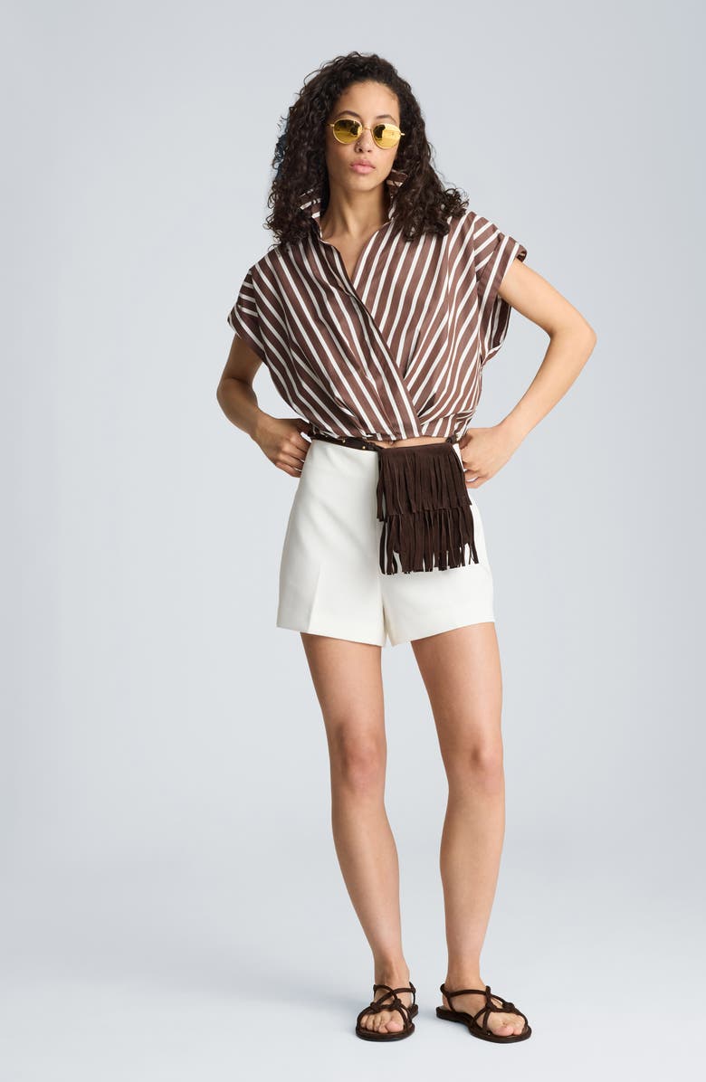 Kenneth Cole Pleated Crossover Cotton Top, Alternate, color, Brunette / Pure White