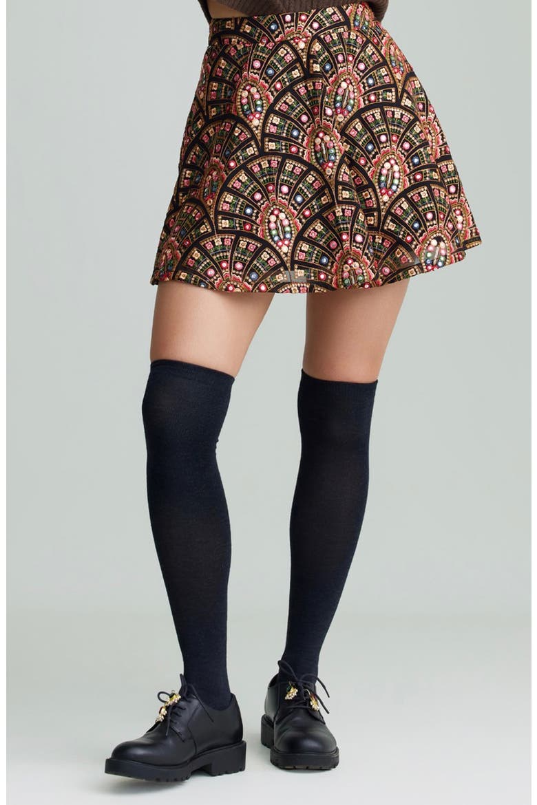 Riley Embroidered Foil Miniskirt, Alternate, color, BLACK