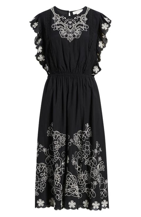 Floral Embroidered Flutter Sleeve Midi Dress
