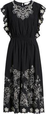 Treasure & Bond Floral Embroidered Flutter Sleeve Midi Dress