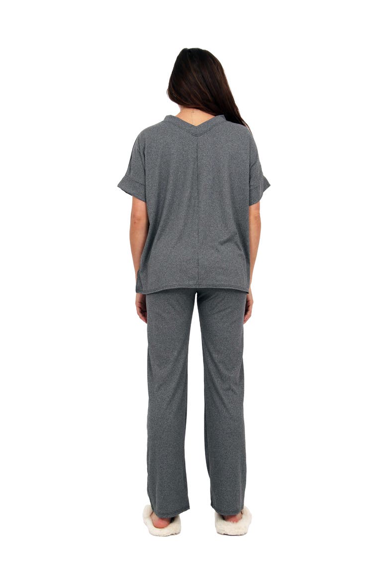Womens Basic Ribbed Knit Dolman Sleeve V-Neck Top and Drawstring Wide Leg Pant Set, Alternate, color, Smoke