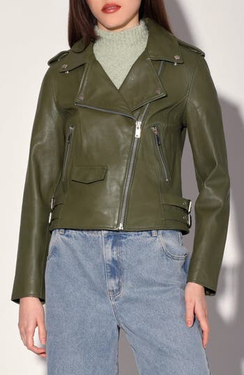 Walter Baker Liz Leather Crop Moto Jacket In Green
