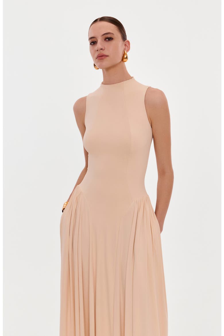 Sleeveless mock neck dress with a pleated maxi skirt, Alternate, color, Nude