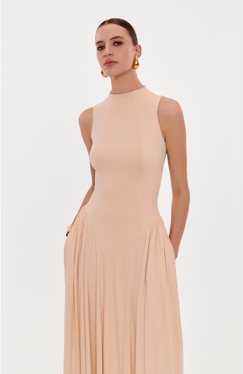 Milla Sleeveless mock neck dress with a pleated maxi skirt, Alternate, color, Nude