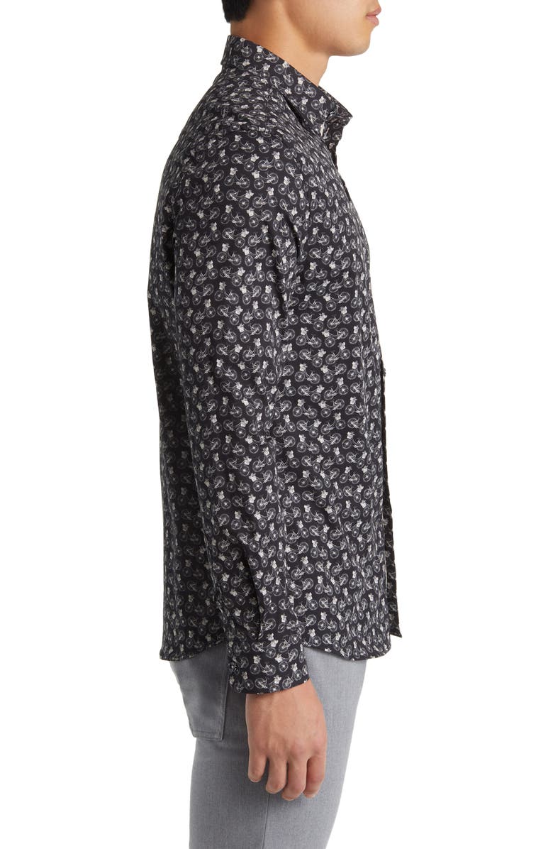 Stone Rose Bicycle Print Stretch Cotton Button-Up Shirt, Alternate, color, Black