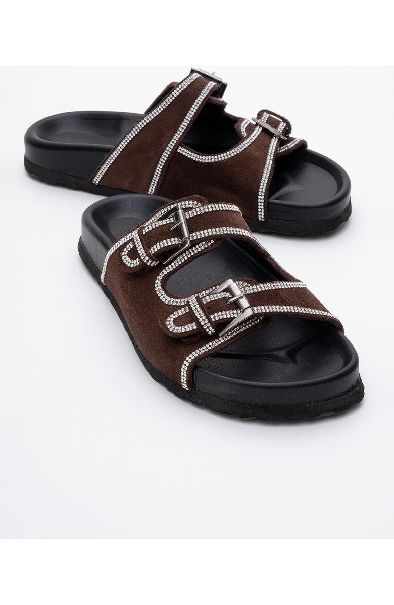 Forever & Always Shoes Allen Rhinestone Leather Slide Sandal, Main, color, Brown Suede Leather