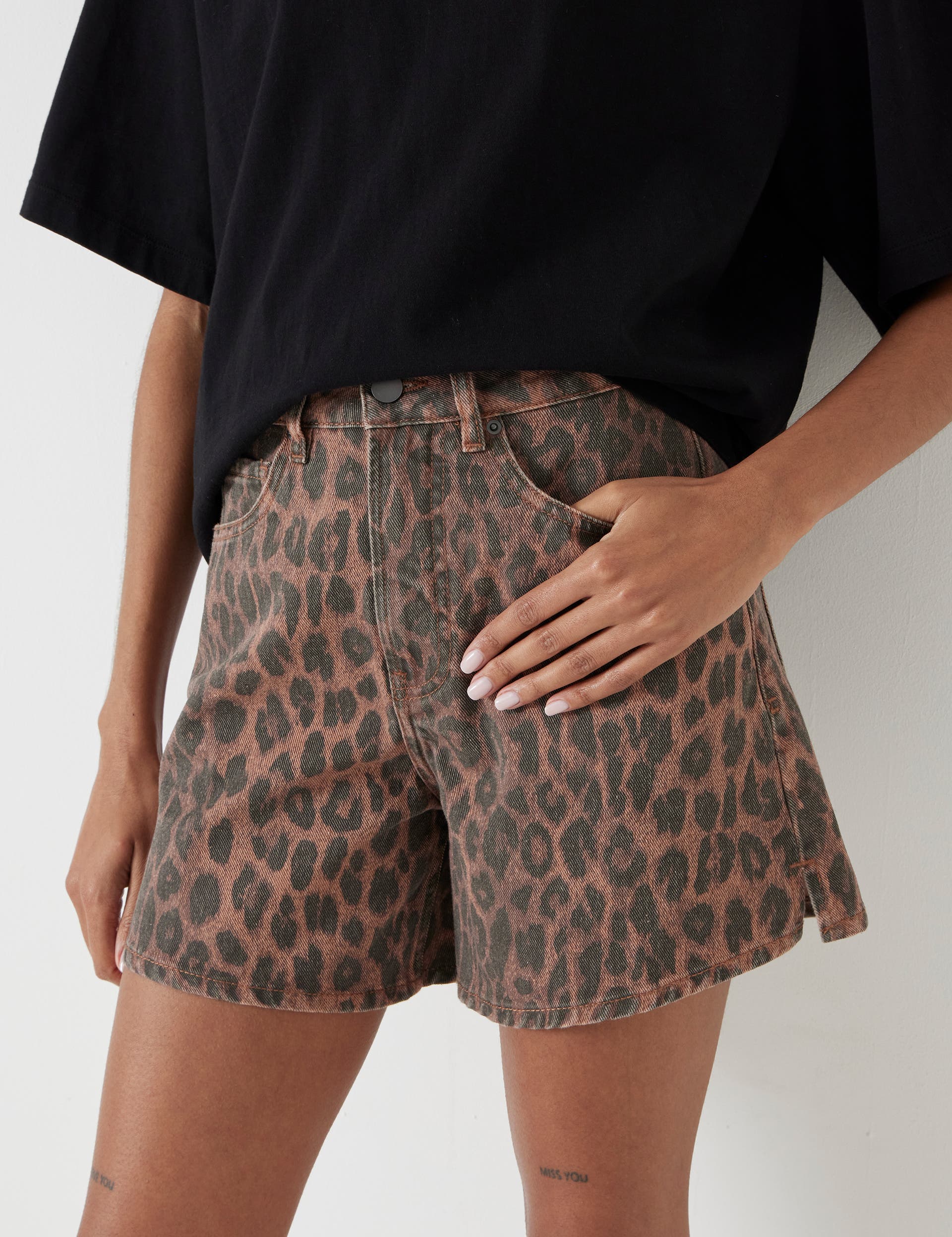 Hush Printed Essential Denim Shorts In Leopard Print