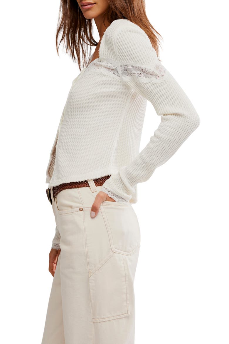 Let's Party Lace Trim Cotton Waffle Cardigan, Alternate, color, CLEAN IVORY