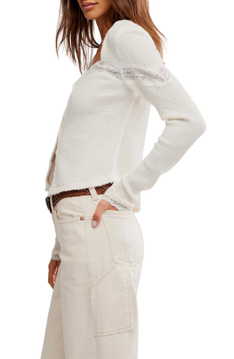 Free People Let's Party Lace Trim Cotton Waffle Cardigan, Alternate, color, Clean Ivory