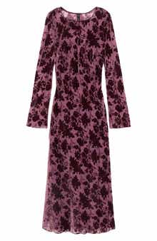 MANGO Floral Burnout Velvet Long Sleeve Maxi Dress