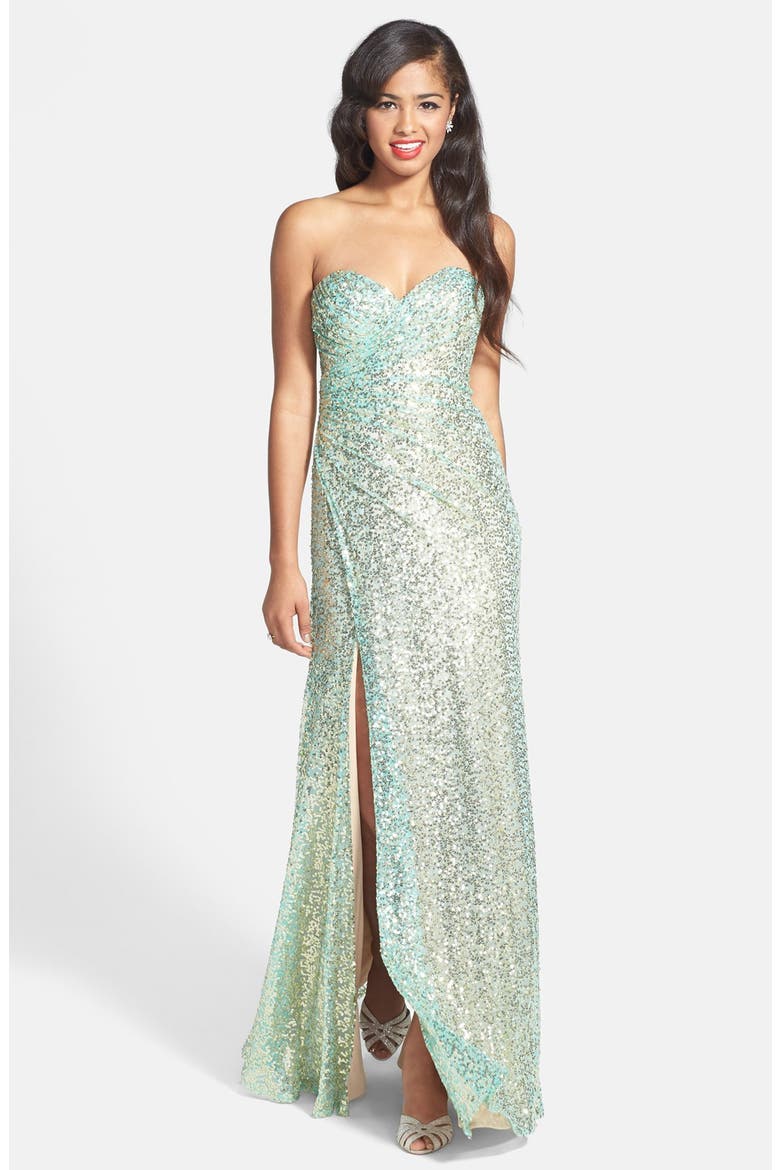 Strapless Sequin Gown, Main, color, AQUA/ GOLD