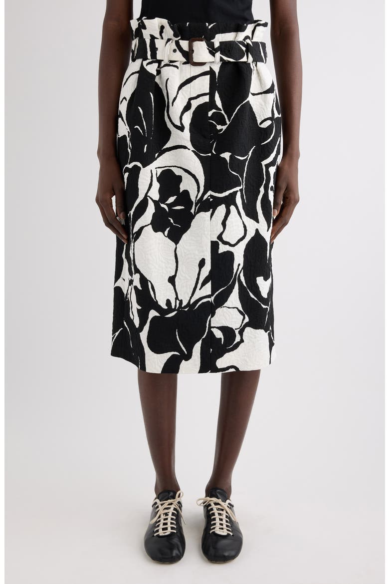 Print Jacquard Belted Paperbag Waist Skirt, Main, color, BLACK
