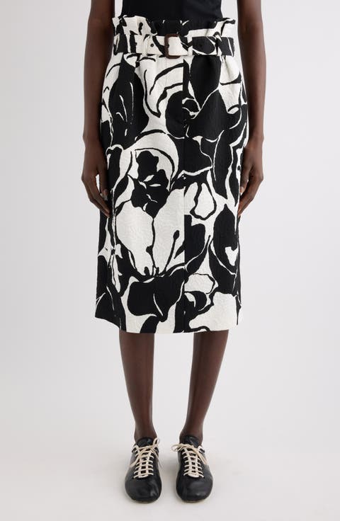 Print Jacquard Belted Paperbag Waist Skirt