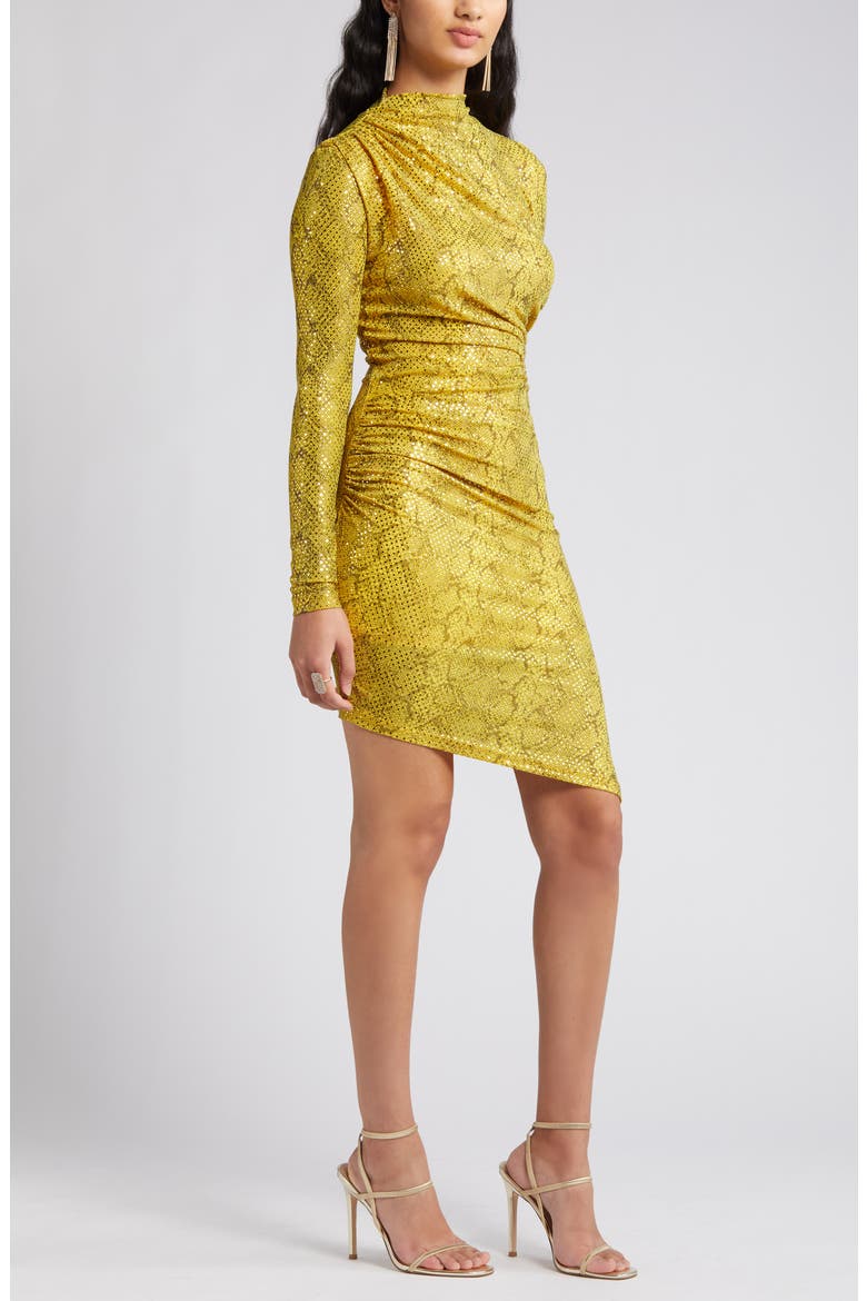 Goldie Sequin Ruched Asymmetric Long Sleeve Dress, Alternate, color, GOLD