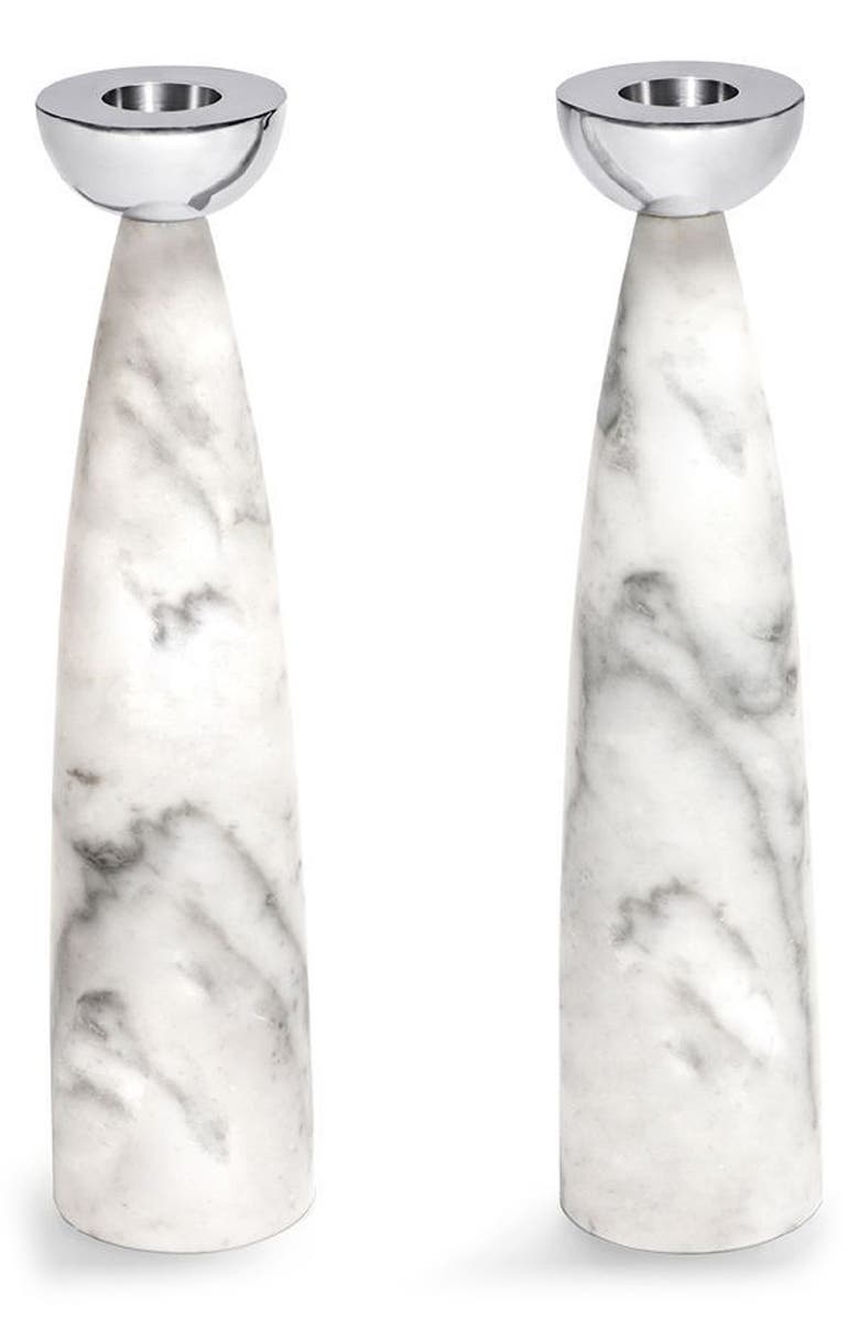ANNA New York Coluna Set of 2 Marble Candleholders, Main, color, Carrara Silver