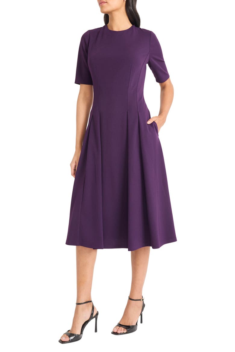 Double Pleat A-Line Midi Dress, Alternate, color, LUXE PLUM