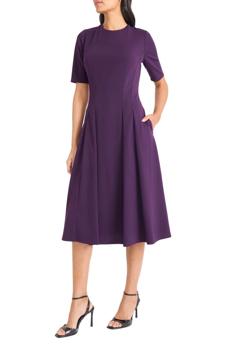 Maggy London Double Pleat A-Line Midi Dress, Alternate, color, Luxe Plum