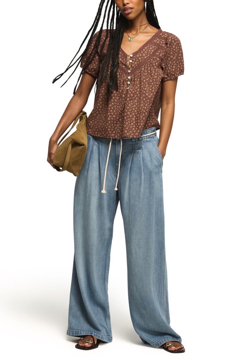 Lucky Brand Lace Henley Peasant Top, Alternate, color, Brown Floral