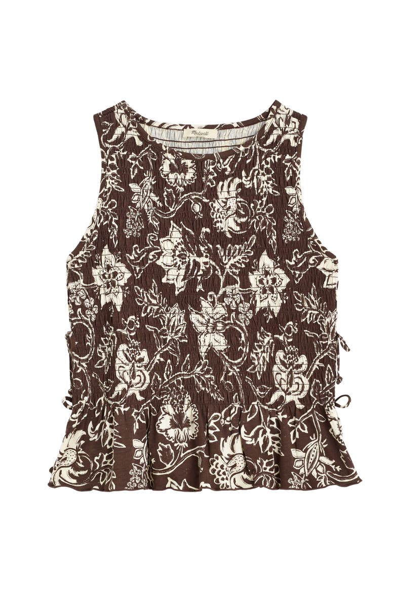 Madewell Side Tie Smocked Tank, Main, color, Dark Brown