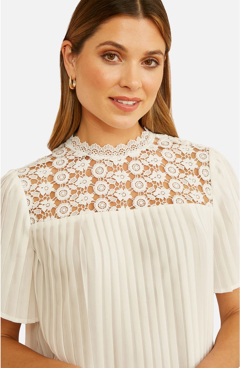 Yumi Lace Panel Pleated Short Sleeve Top, Alternate, color, White