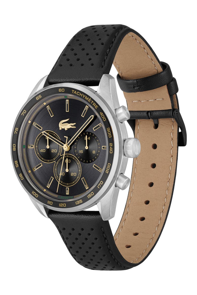 Boston Chronograph Leather Strao Watch, 42mm, Alternate, color, BLACK
