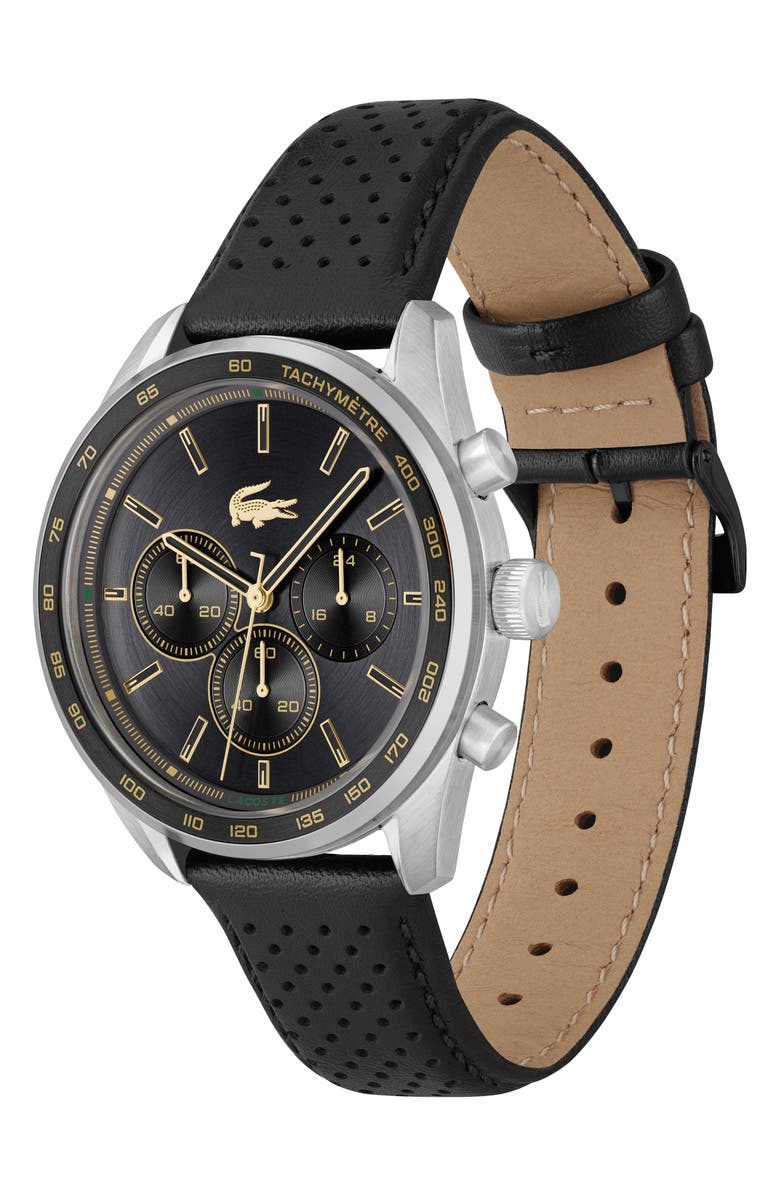 Lacoste Boston Chronograph Leather Strao Watch, 42mm, Alternate, color, Black