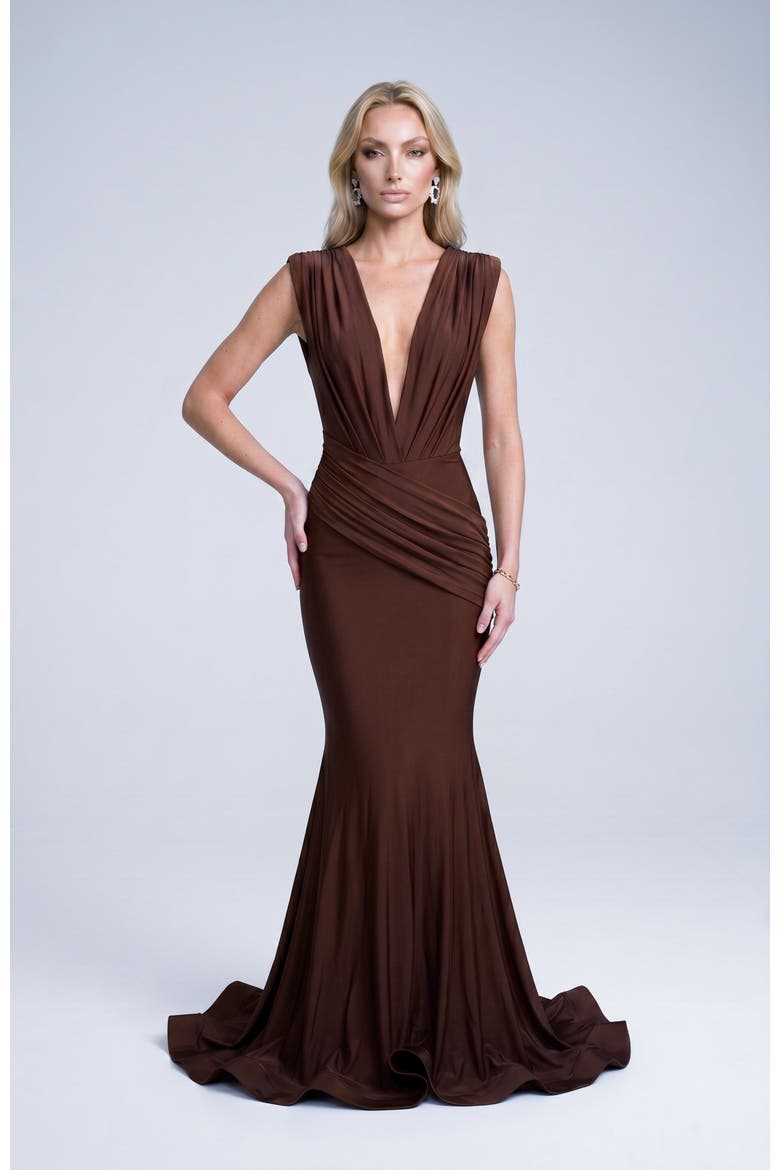 Ruched Plunge Pleated Sleeveless Mermaid Gown, Main, color, Brown