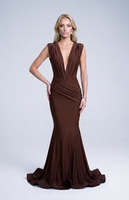 Jessica Angel Ruched Plunge Pleated Sleeveless Mermaid Gown