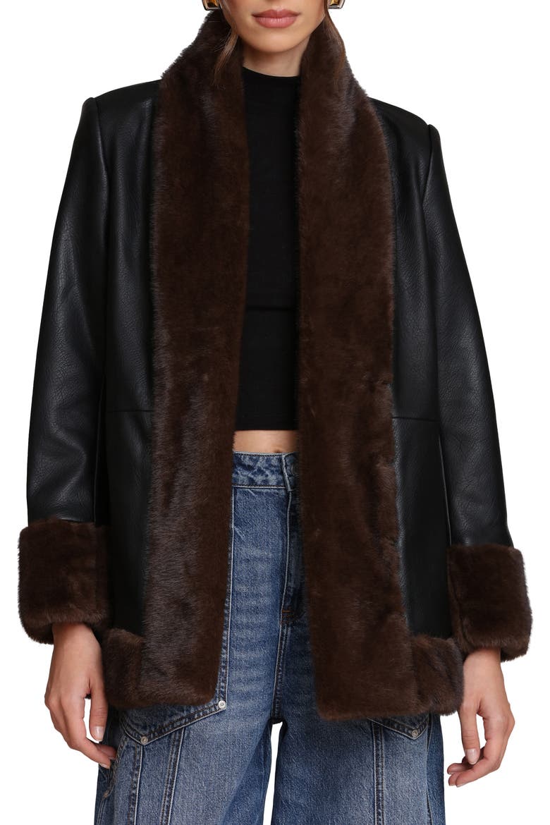 Faux Leather Coatigan With Faux Fur Trim, Main, color, BLACK