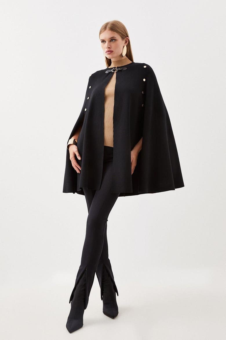 Popper Detail Knit Cape Coat, Alternate, color, Black