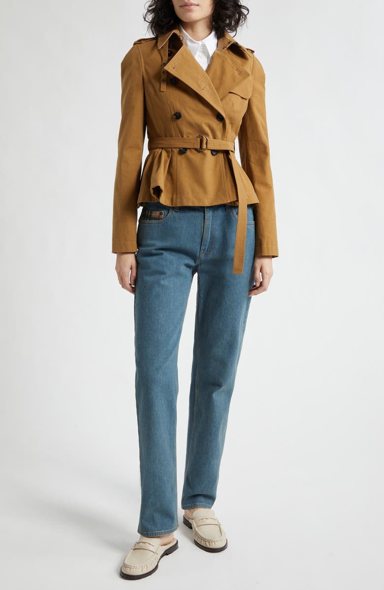 Burberry Isabella Peplum Trench Jacket, Alternate, color, Teak Brown