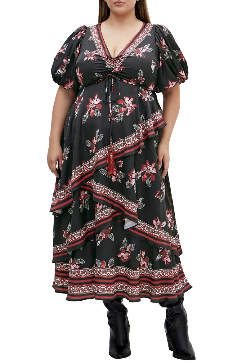 Thea Floral Tiered Puff Sleeve Midi Dress, Main, color, BLACK FLORAL