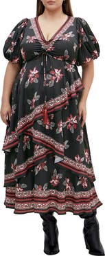 City Chic Thea Floral Tiered Puff Sleeve Midi Dress