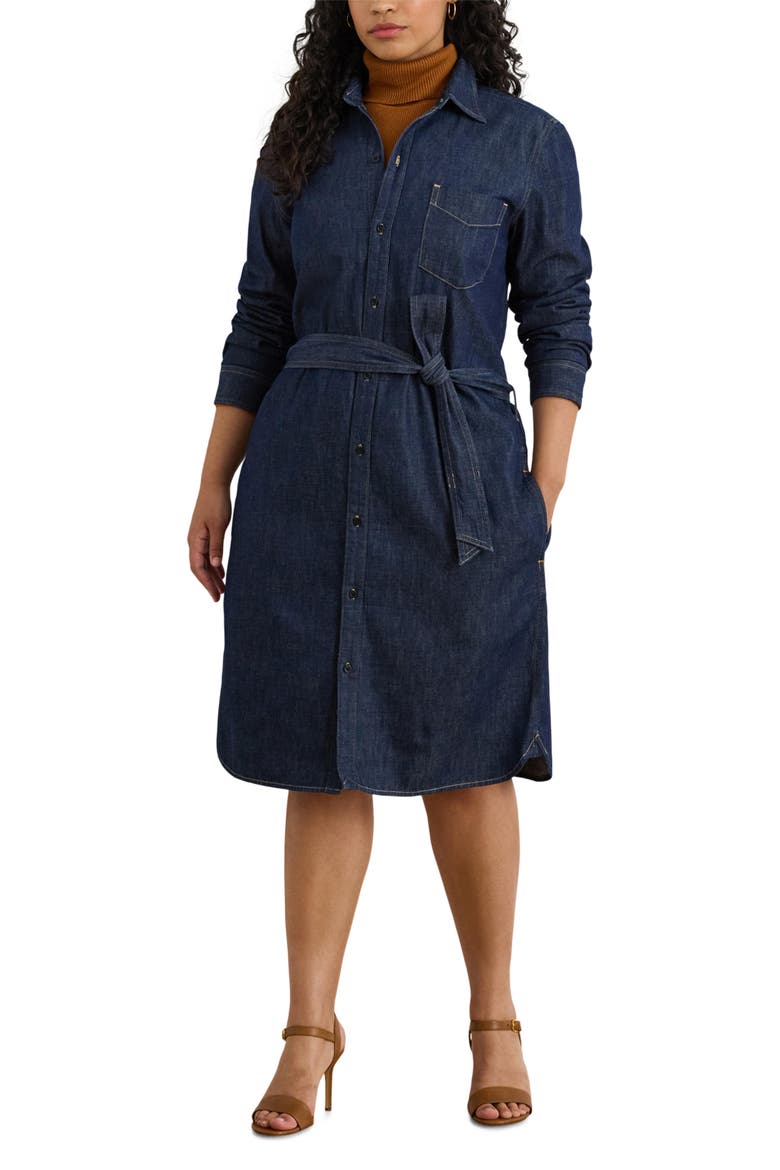 Jameika Tie Waist Long Sleeve Denim Shirtdress, Main, color, PURE RINSE WASH