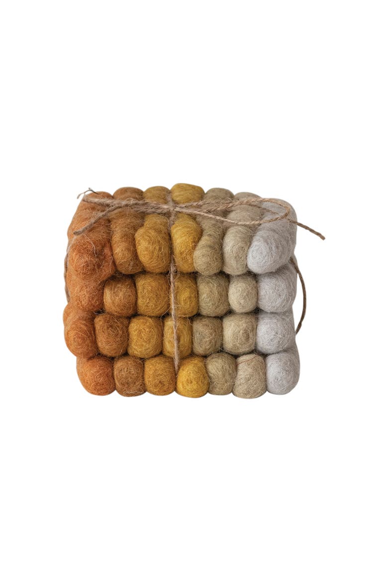 Handmade Wool Felt Ball Coasters, Yellow, Orange and Cream, Set of 4, Alternate, color, Yellow