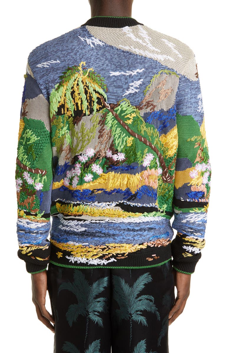 Saint Laurent Teddy Embroidered Tropical Jacquard Sweater Jacket, Alternate, color,