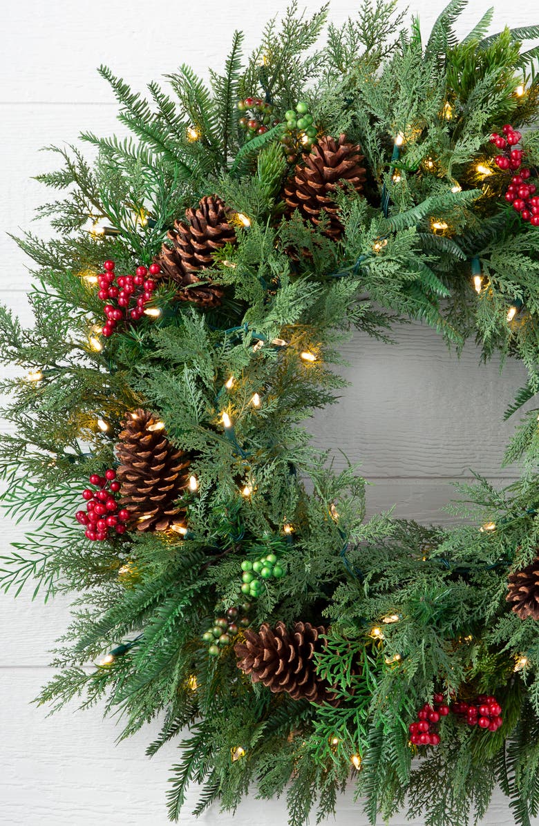 Balsam Hill Winter Evergreen Artificial LED Light Outdoor Wreath, Alternate, color, Green