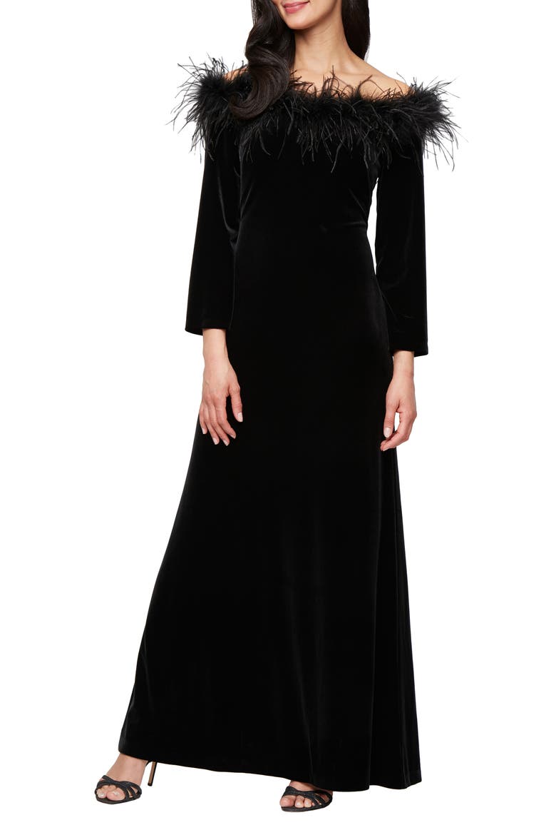 Maribou Detail Off the Shoulder Long Sleeve Velvet Gown, Main, color, BLACK