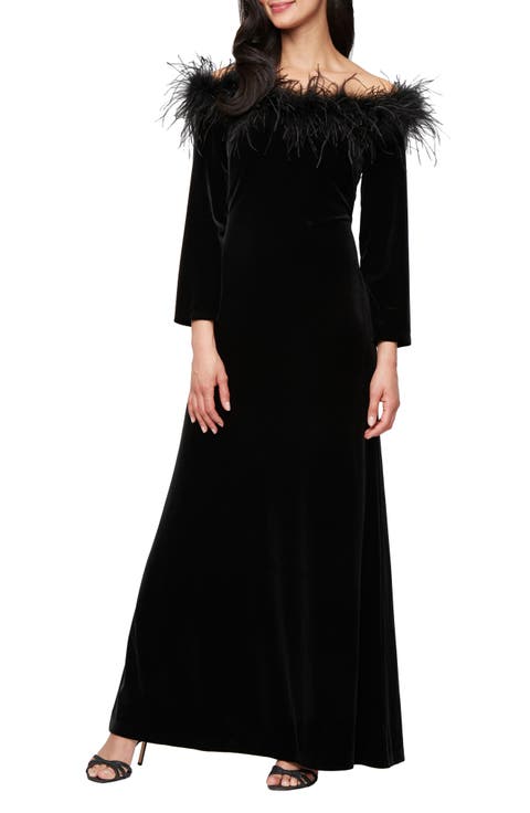 Maribou Detail Off the Shoulder Long Sleeve Velvet Gown