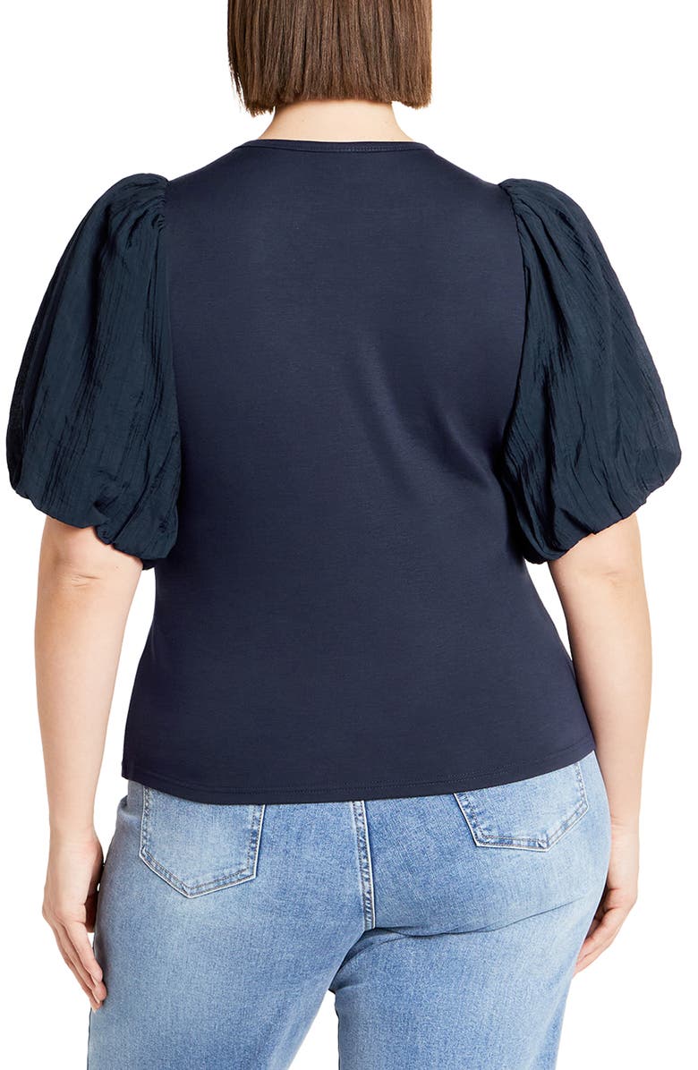 City Chic Kiki Puff Sleeve Mixed Media Top, Alternate, color, Navy