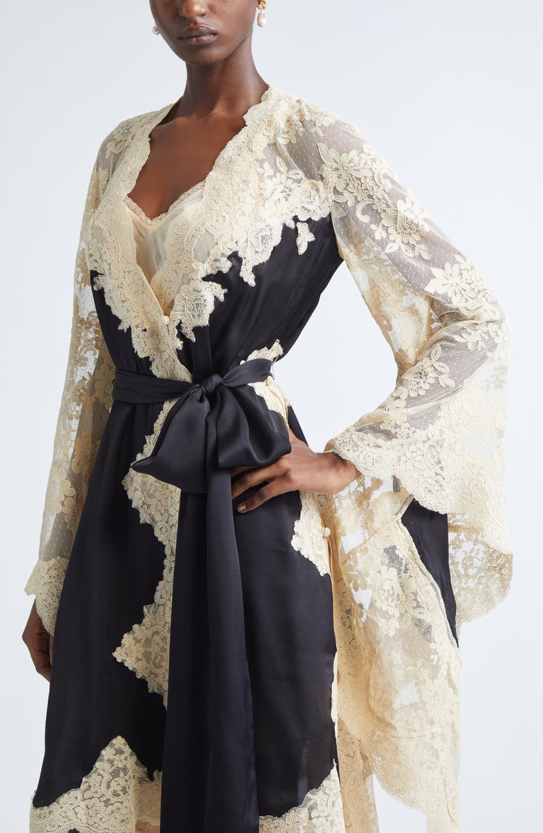 Zimmermann Hypnotic Long Sleeve Satin & Lace Wrap Dress, Alternate, color, Beige/ Black