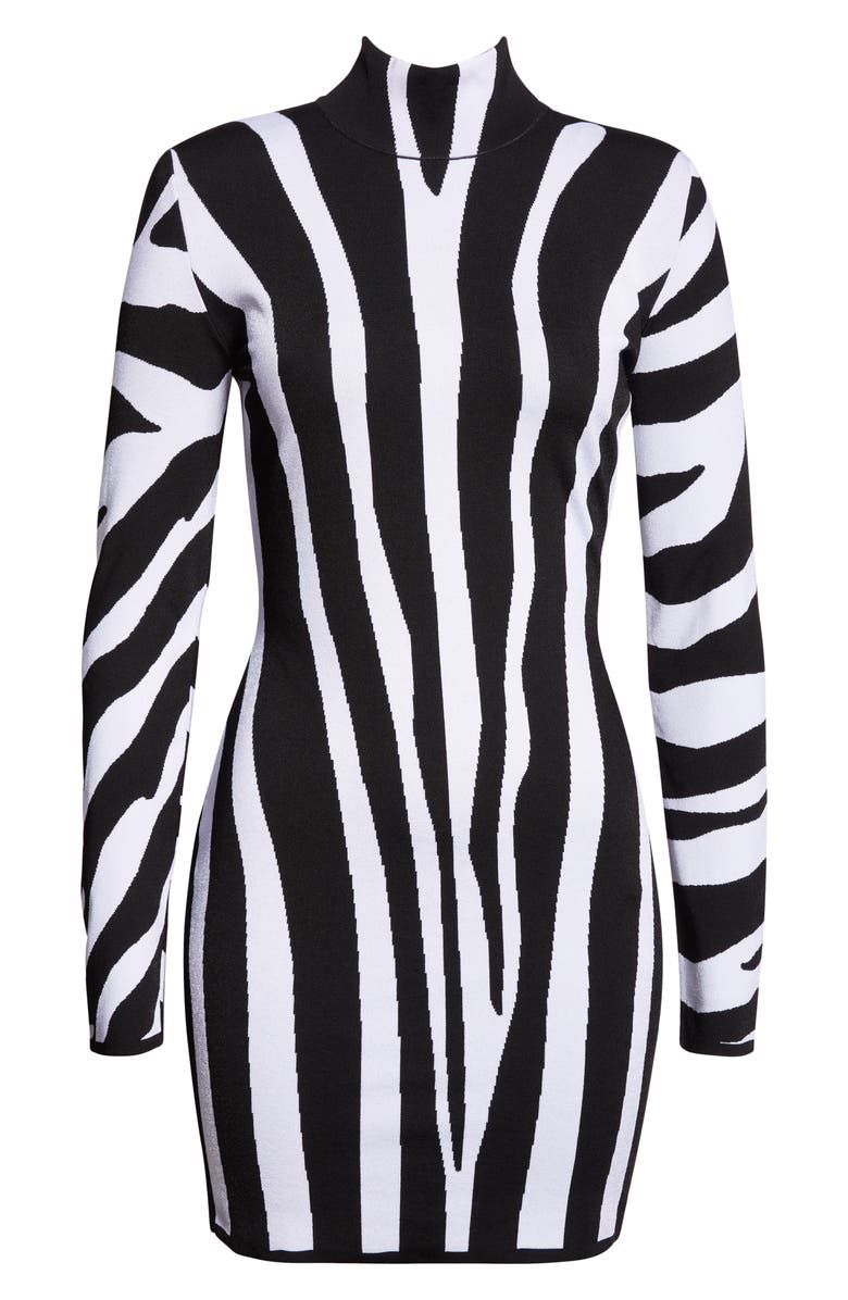 Balmain Long Sleeve Zebra Intarsia Mini Sweater Dress, Alternate, color, Eab Blk/ White