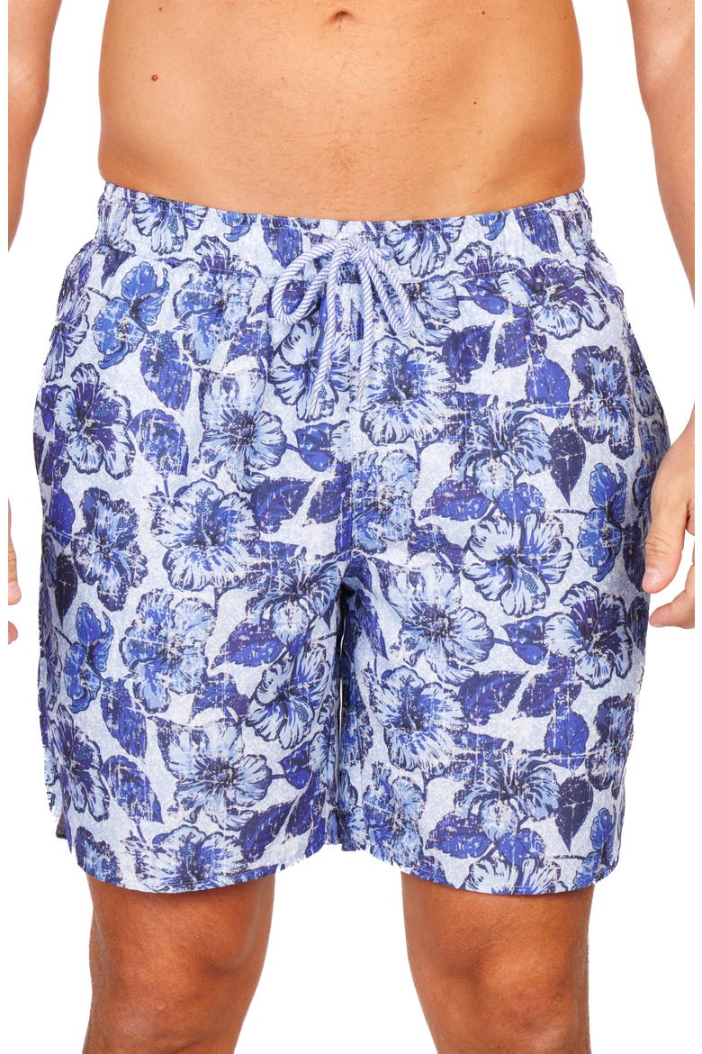 Distressed Hibiscus Swim Trunks, Main, color, BLUE
