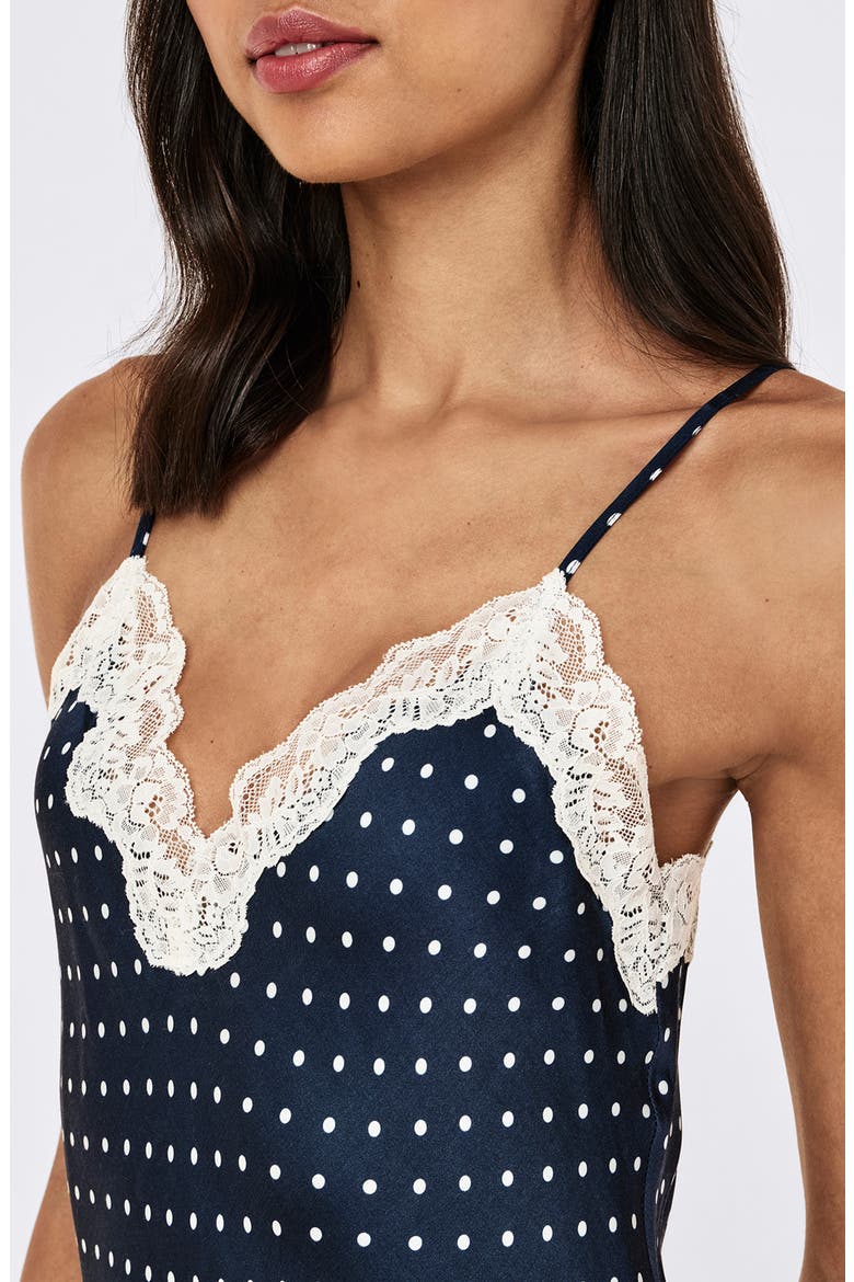 Annabelle Lace Trim Satin Chemise, Alternate, color, DEEP NAVY/ MINI CREAM SPOT