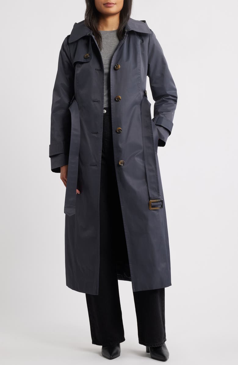 London Fog Hooded Single Breasted Maxi Trench Coat, Alternate, color, Charcoal