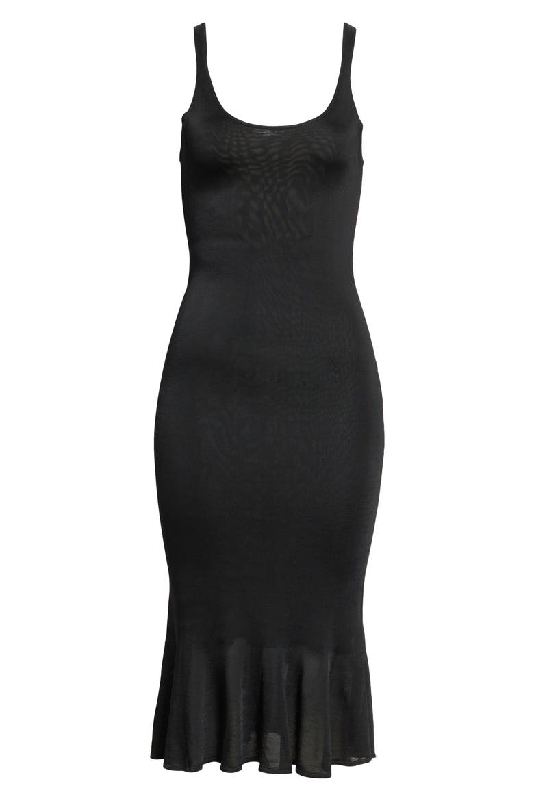 Fluted Hem Midi Dress, Alternate, color, BLACK