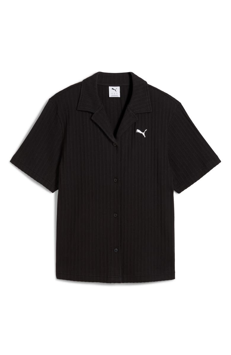 PUMA Wardrobe Essentials Stripe Camp Shirt, Main, color, Puma Black