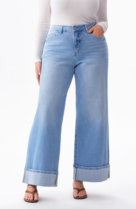High Waist Cuff Wide Leg Jeans