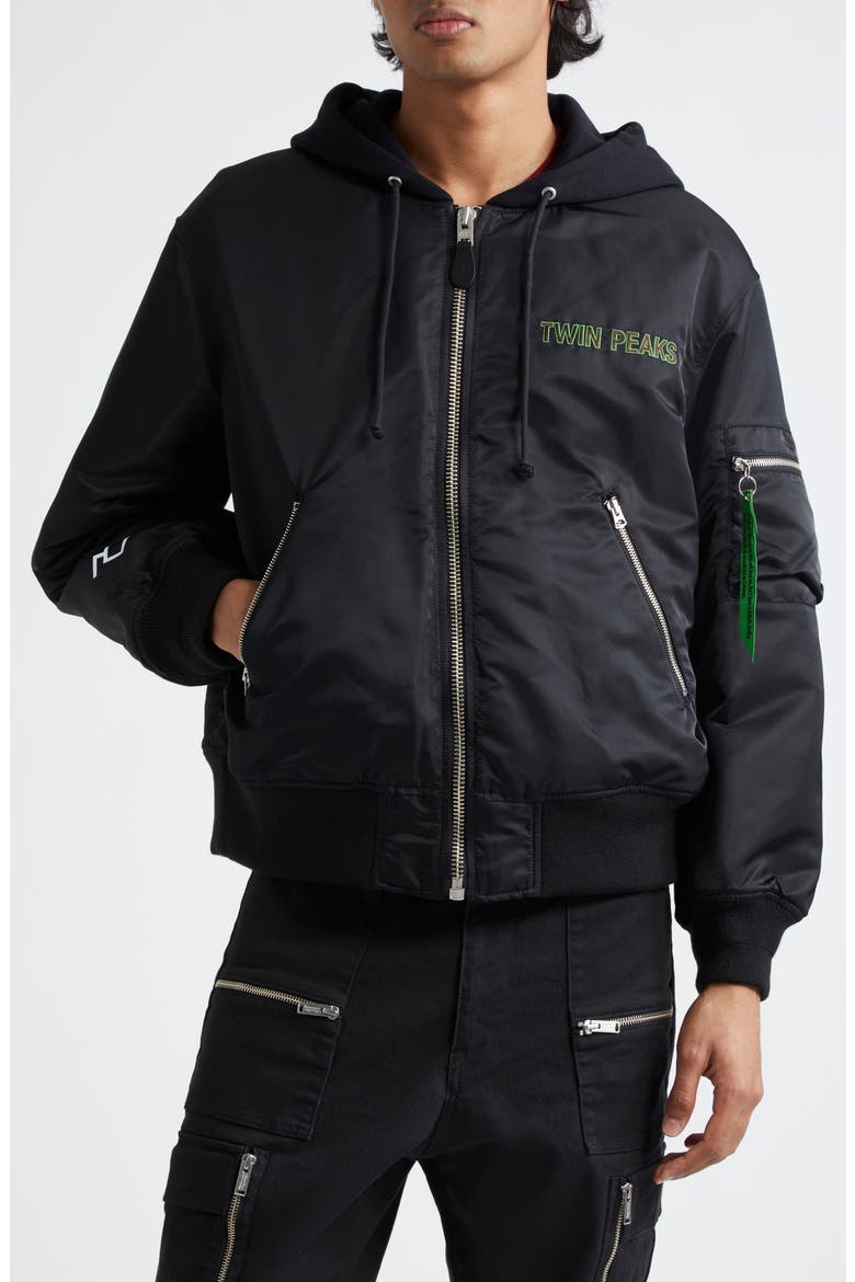'Twin Peaks' Hooded Bomber Jacket, Main, color, BLACK